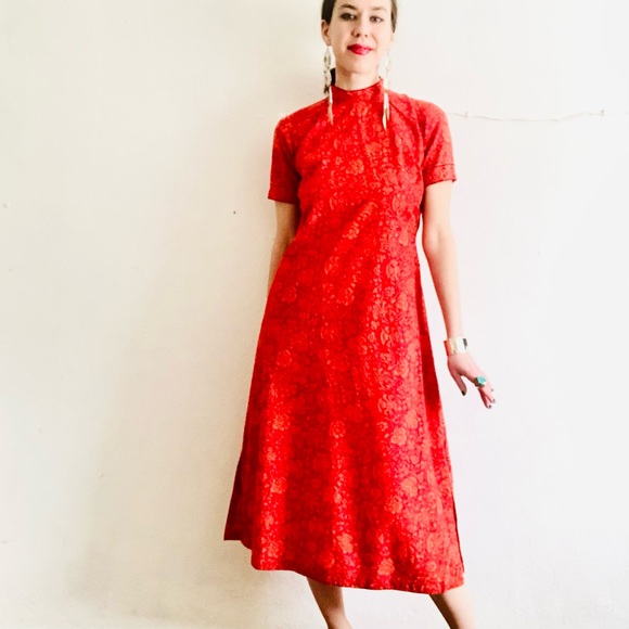 90s VTG Cotton Orange Indian Floral Handblock Printed Summer Dress Size Small - Picture 5 of 8